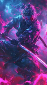 Neon samurai channels dark power amid swirling energy.