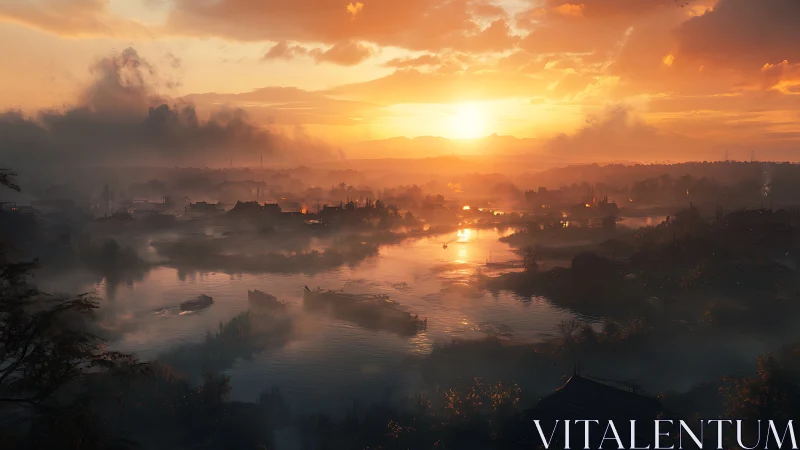 Atmospheric river basin at sunrise with volumetric fog rendering.