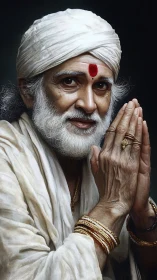 Elderly man in traditional attire with folded hands portrait.