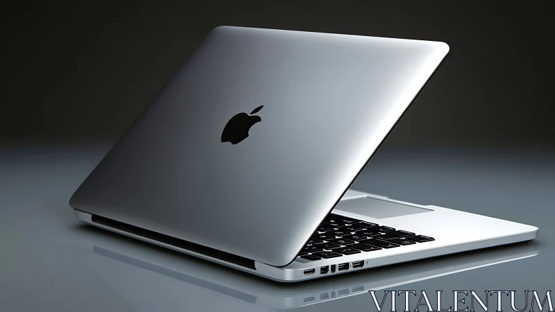 Sleek silver laptop half-open on reflective studio surface.