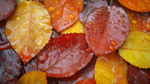 Autumn leaves with raindrops in vivid close-up pattern.