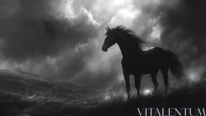 Stormlit stallion pauses where thunder meets the grasslands