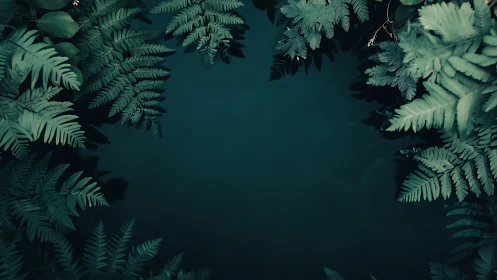 Dark teal water framed by lush green fern foliage.