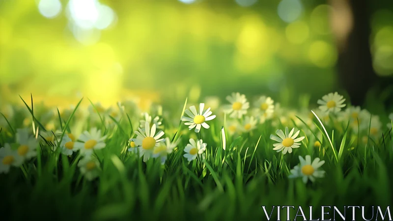 Sunlit daisies whisper through a dreamy spring meadow glow.