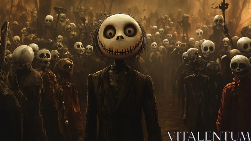 Macabre pumpkin-headed figure leads skeletal horde in misty woods.