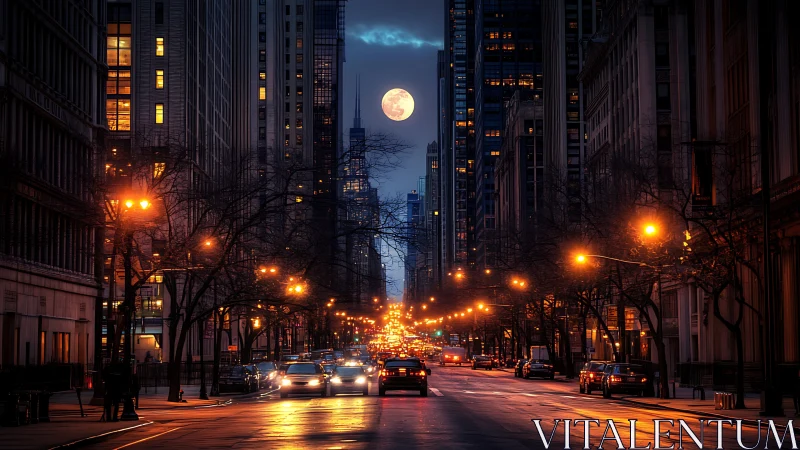 Full moon aligned over illuminated winter urban avenue at dusk