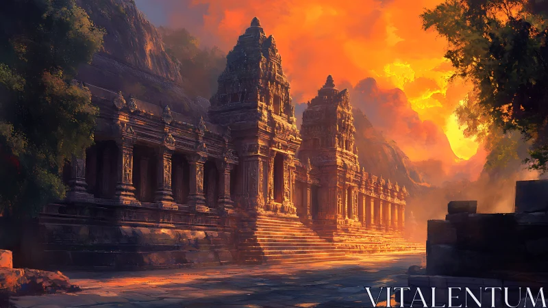 Digital rendering shows stone temple corridor at sunset