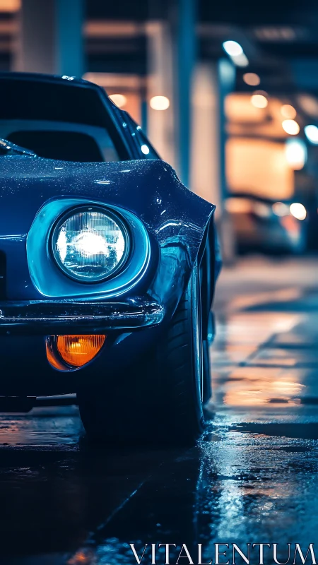 Midnight blue classic prowls neon-lit city puddles