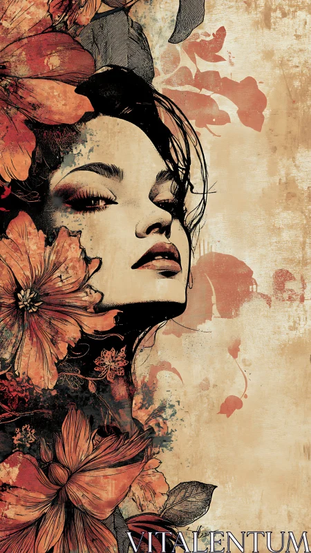 Floral muse rising through sepia dreams and ink-stained petals.