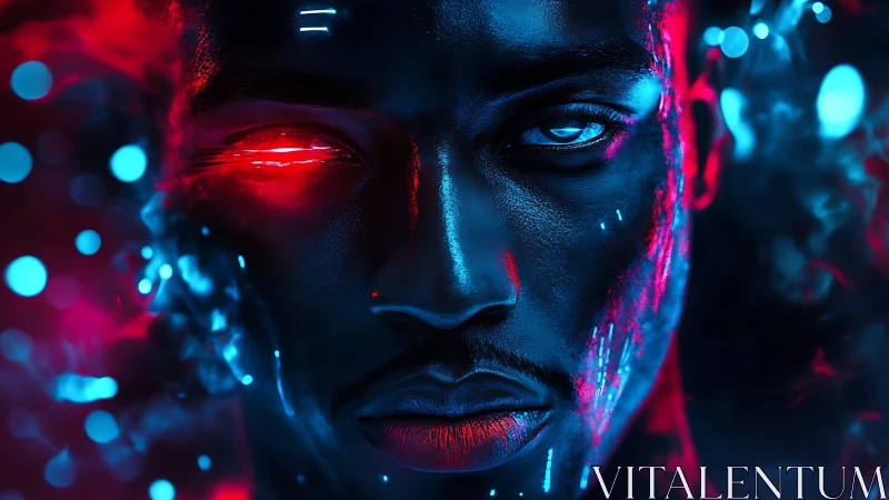 Cybernetic portrait with glowing red eye in neon light.