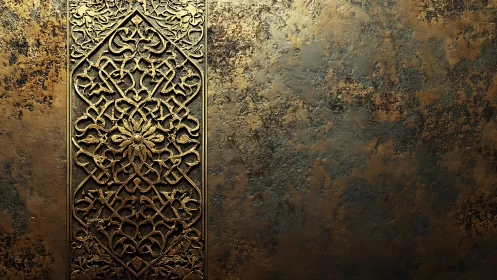Intricate golden arabesque panel gleams on aged stone wall