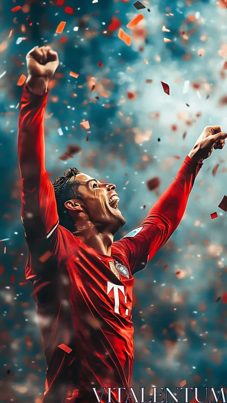 Scarlet striker erupts in victory beneath a storm of confetti