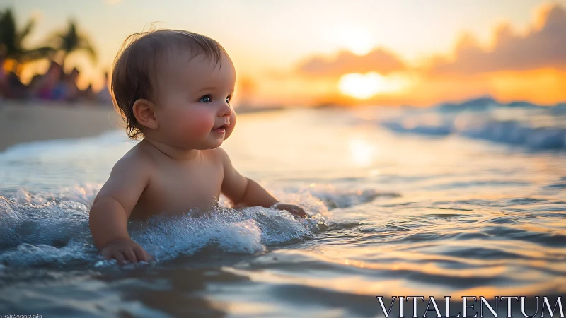 Toddler Wading Beach Sunset. Golden Hour Water Play.