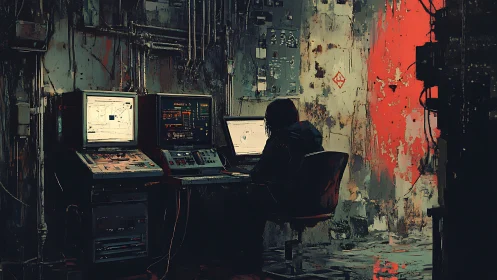 Midnight terminal ghost in a rust-bitten cyber bunker.