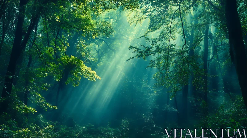 Sunlit Forest Rays Through Ancient Trees.