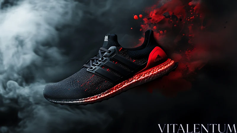 Dynamic black running shoe with red cushioning and vapor clouds