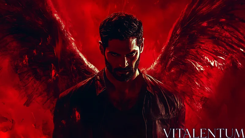 Dark-winged figure in crimson infernal atmosphere portrait.