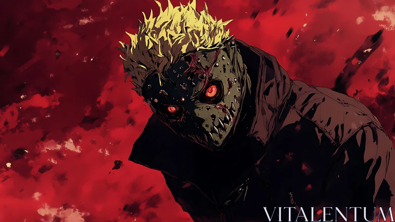 Masked cyberpunk slasher with glowing eyes on crimson field