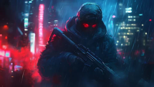 Armed figure stalks neon city street under heavy rain