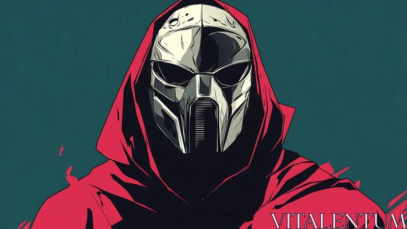 Masked figure in crimson hood stares from stark teal void.