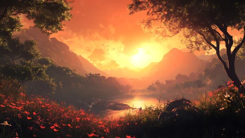 Fiery sunset floods tranquil valley river with warm light