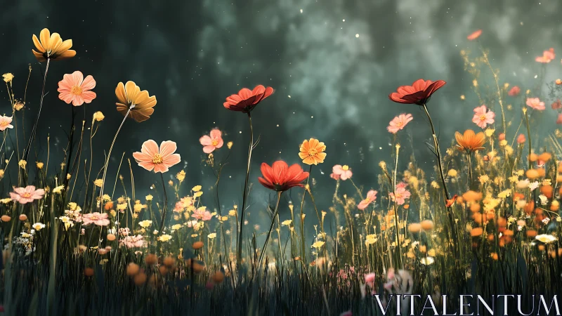 Floral field with layered depth and atmospheric haze.