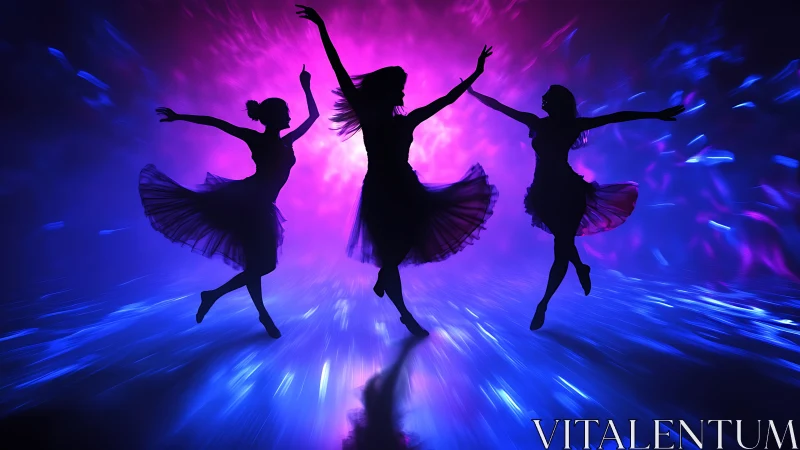 Silhouetted dancers move against vivid neon light tunnel