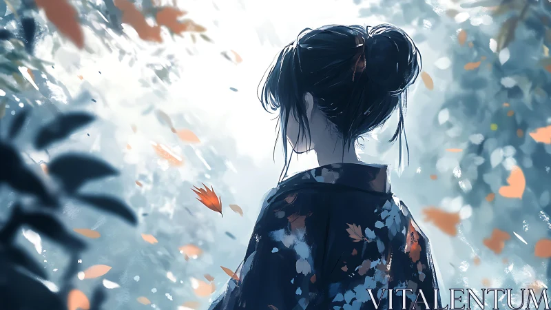 Silent autumn reverie with girl in patterned kimono.