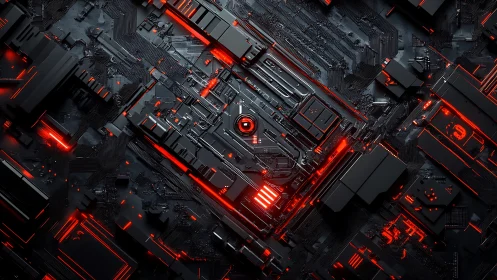 Neon motherboard citadel pulsing with electric red secrets.