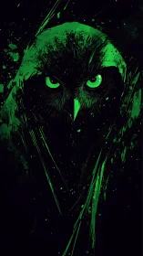 Neon green owl emerges from darkness in splattered abstraction