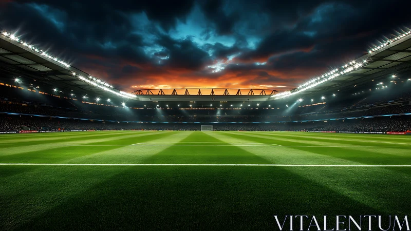 Floodlit arena breathes under stormlit sunset sky tonight