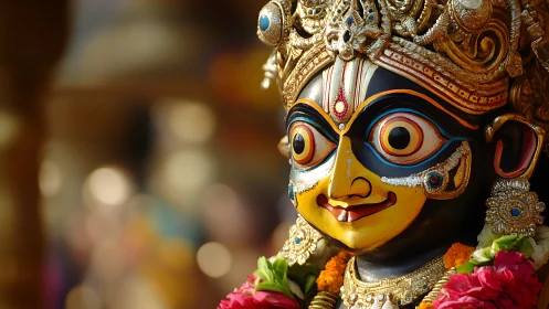 Ornate Hindu deity statue with floral garlands displayed.