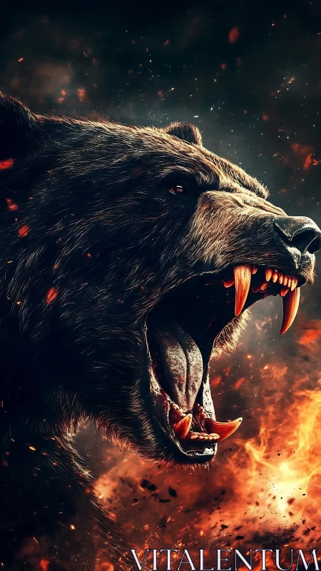 Roaring inferno bear with glowing fangs amid flying embers.