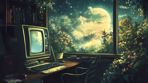 Moonlit retro workstation quietly dreams of starry gardens