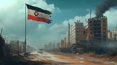 War-torn urban avenue under tattered flag and rising smoke.