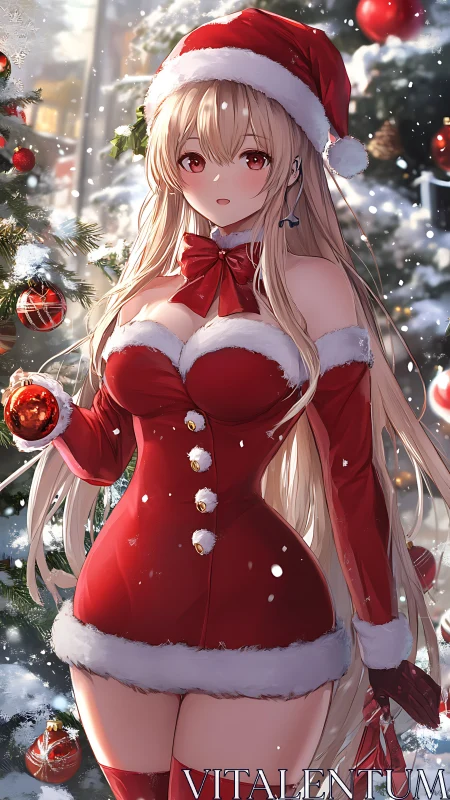 Anime Christmas girl in red Santa dress by tree.