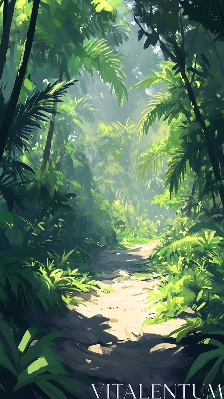 Sunlit Forest Path Through Tropical Wonder.