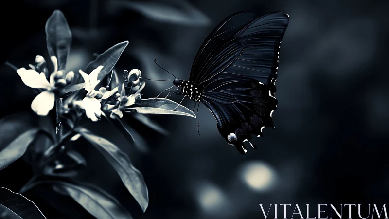 Midnight butterfly poised on moonlit blossoms in hush.