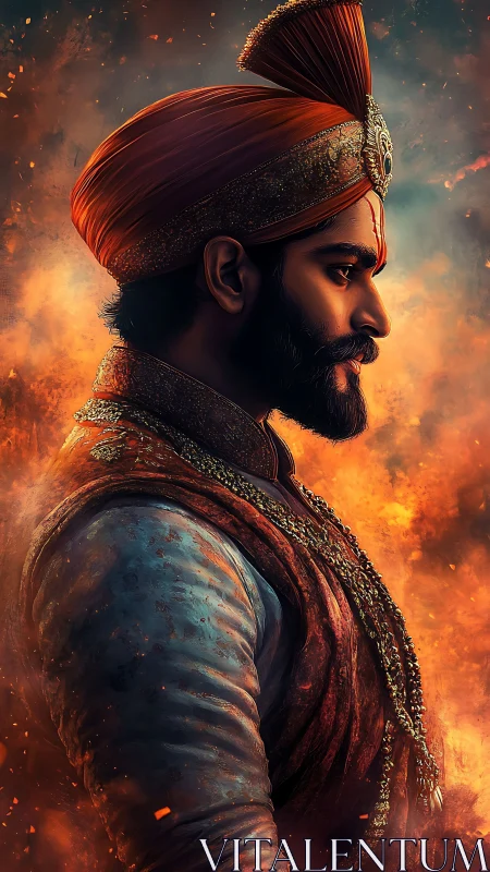 Regal warrior stands proud in glowing embers and soft light