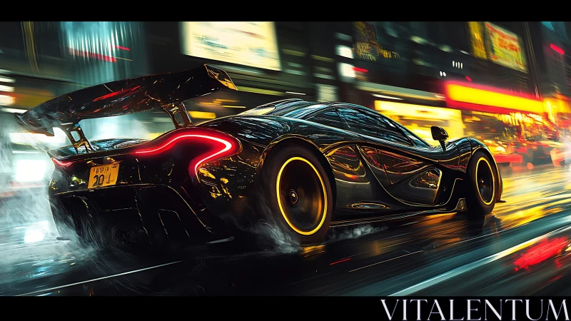 Black hypercar slices through neon city rain at night