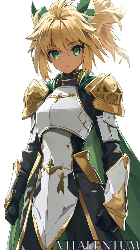 Brave blonde anime knight with emerald eyes and golden armor.