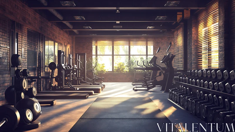Sunlit industrial gym interior with weights and machines.