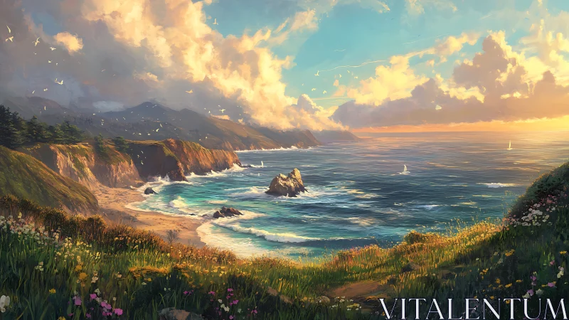 Sunlit coastal cliffs overlook turquoise waves and distant headlands
