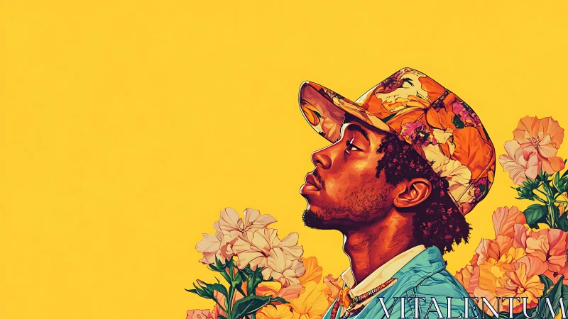 Portrait of a floral-capped man gazing upward in vivid yellow.