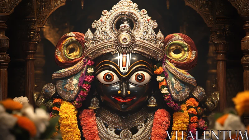 Intricately adorned Hindu deity idol with floral garlands