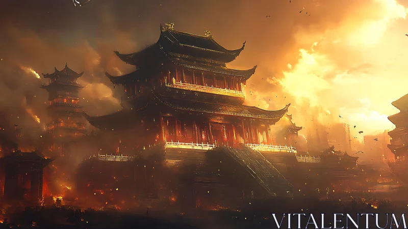 Incandescent siege over tiered pagoda citadel under ash skies.