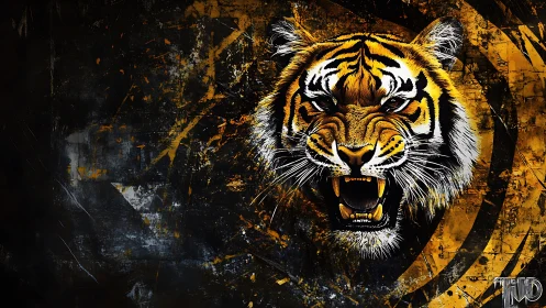 Digital painting of roaring tiger on grunge radial backdrop.