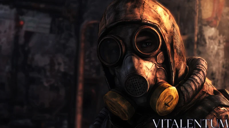 Post-apocalyptic survivor wears corroded gas mask in ruins