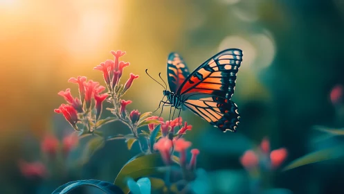Butterfly on tubular flowers in shallow depth of field scene.