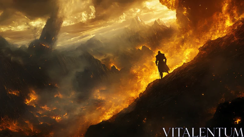 Solitary Hero Standing Amid Flames and Golden Light